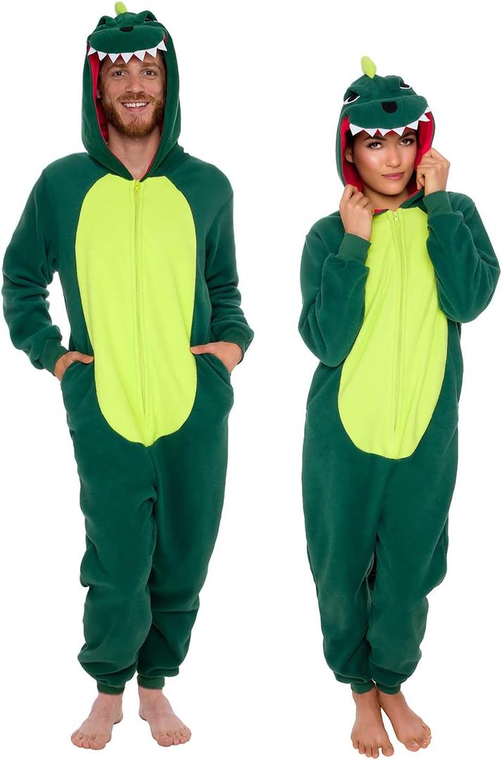 Funziez! Slim Fit Adult Onesie - Animal Costume - Plush Unisex Christmas One Piece Cosplay Suit for Women and Men (Medium, Green Dinosaur)