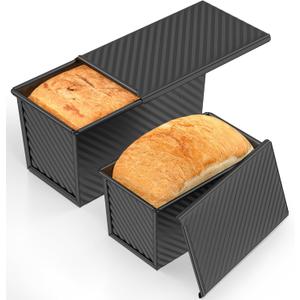 2 PCS Pullman Loaf Pan with Lid, 1.2Lb & 0.67 Lb Dough Capacity Non-Stick Bread Pans for Homemade Bread, Carbon Steel Bread Loaf Pans, Bakeware for Baking Sandwich and Toast, Black