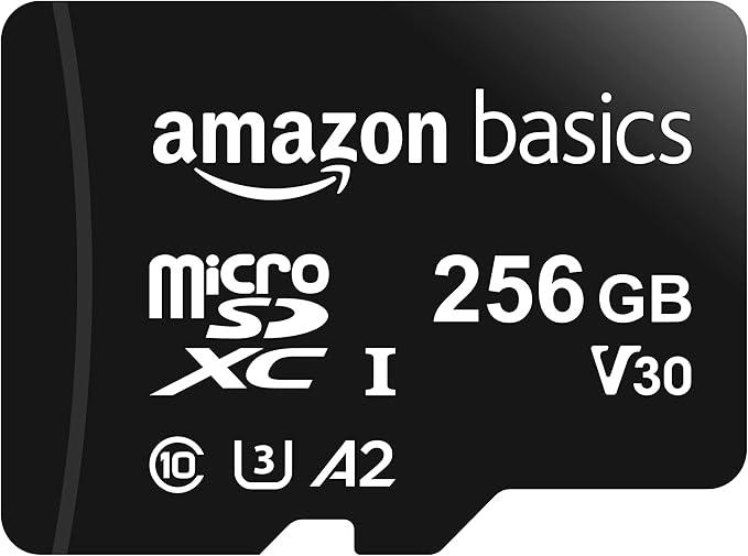 Amazon Basics Micro SDXC Memory Card with Full Size Adapter, A2, U3, Read Speed up to 100 MB/s, 256 GB, Black