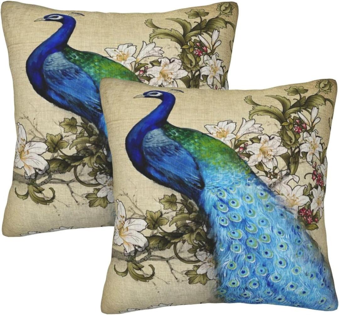 Peacock Throw Pillow Covers 16 X 16 Inch Decorative Pillowcases Square Cushion Cover for Couch Bedroom Living Room Home, Set of 2