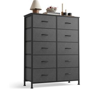 Sweetcrispy 10 Drawer Dresser, Tall Fabric Dresser for Bedroom, Storage Tower with Bins Chest Organizer Unit for Closet, Hallway, Steel Frame Wood Top, Easy Pull Handle, Grey