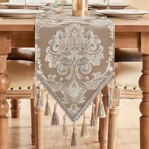 Loom and Mill Luxury Table Runner for Home Decor, Jacquard Floral Dining Table Runner with Tassels, 72 inches Long Damask Runner for Dining Dresser Party Banquet Decorations(Light Coffee, 13*72 inch)