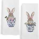 Chinoiserie Bunny Kitchen Towels Set of 2, Easter Blue and White Rabbit Gifts Dish Tea Towel for Kitchen, Coquette Bunnies Hand Towels for Bathroom, Bunnies Gifts for Bunny Lovers Girls, 16x24