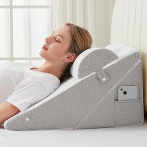 Sasttie Wedge Pillow for Headboard, Adjustable Bed Wedge Pillow Set with Orthopedic Memory Foam Neck Cushion  for Acid Reflux, Neck & Back Support, and Post-Surgery Recovery, White and Light Grey (22*22*12inch, White & Light Grey)