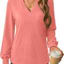 Womens Long Sleeve Shirts Fall Tops V Neck Business Dressy Casual Blouses with Smocked Cuffs (X-Large, Coral)
