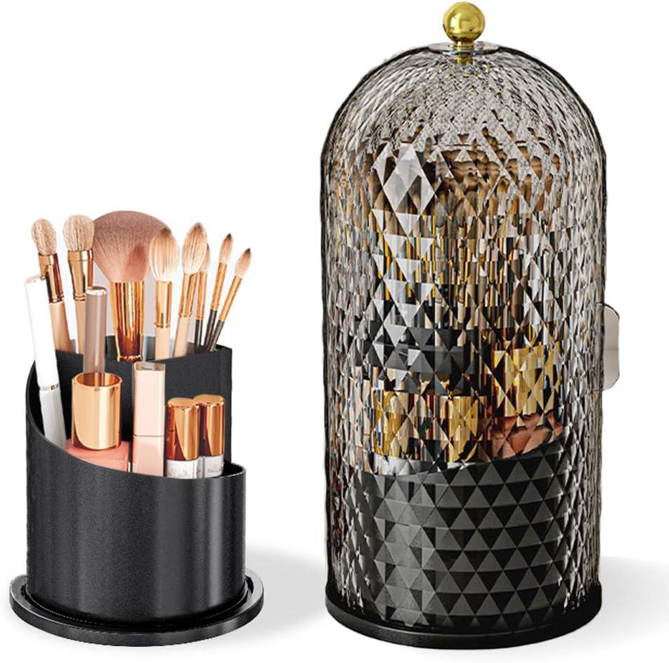 Makeup Brush Holder with Lid, 360 Rotating Multifunction Clear Dustproof Skincare Cosmetic Tools Storage Organizer for Vanity Desktop Bathroom Countertop (Black)