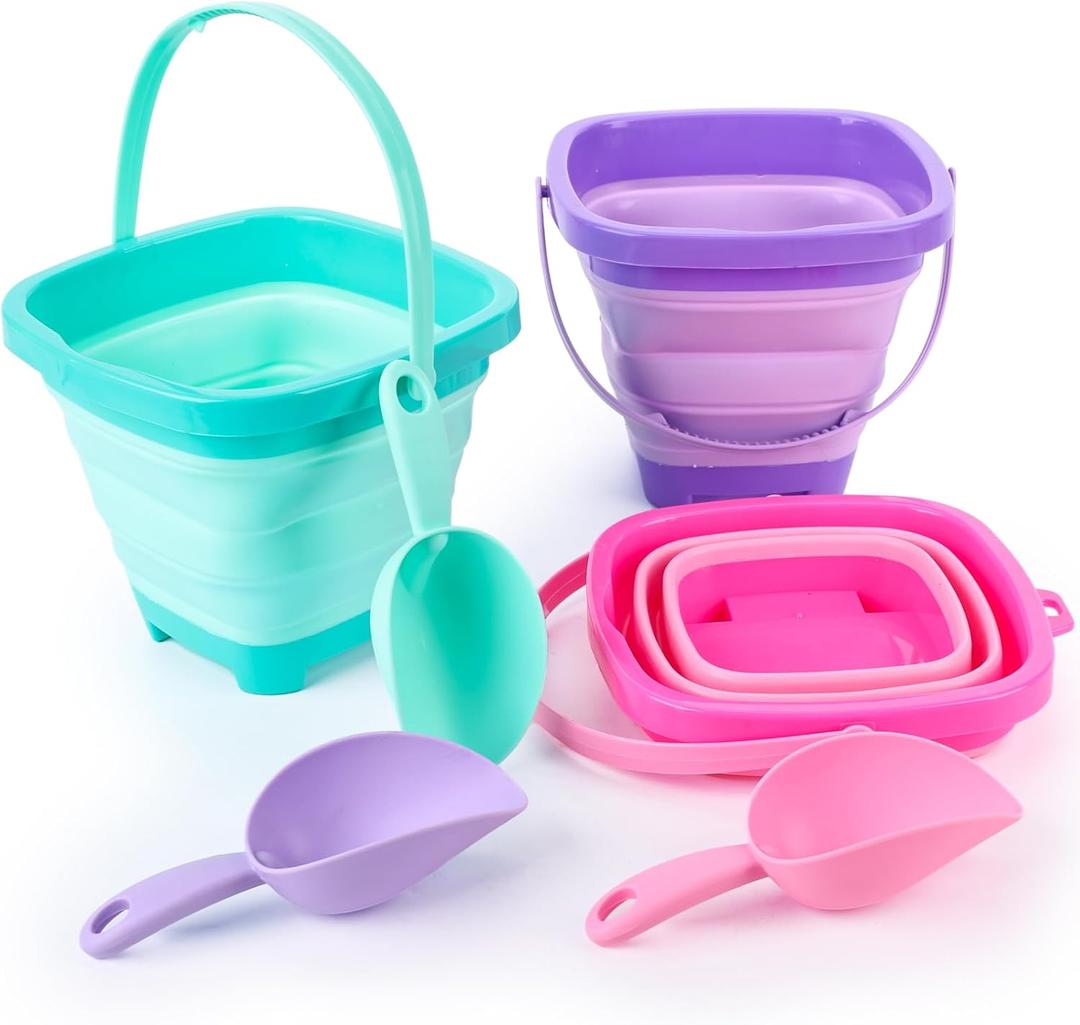Shindel 3 PCS Collapsible Bucket Set, Foldable Beach Buckets with Shovels, Travel Sand Toys for Kids Outdoor, Beach Vacation Essentials, Camping Traveling, Fun Summer Activities (Purple+green+pink)