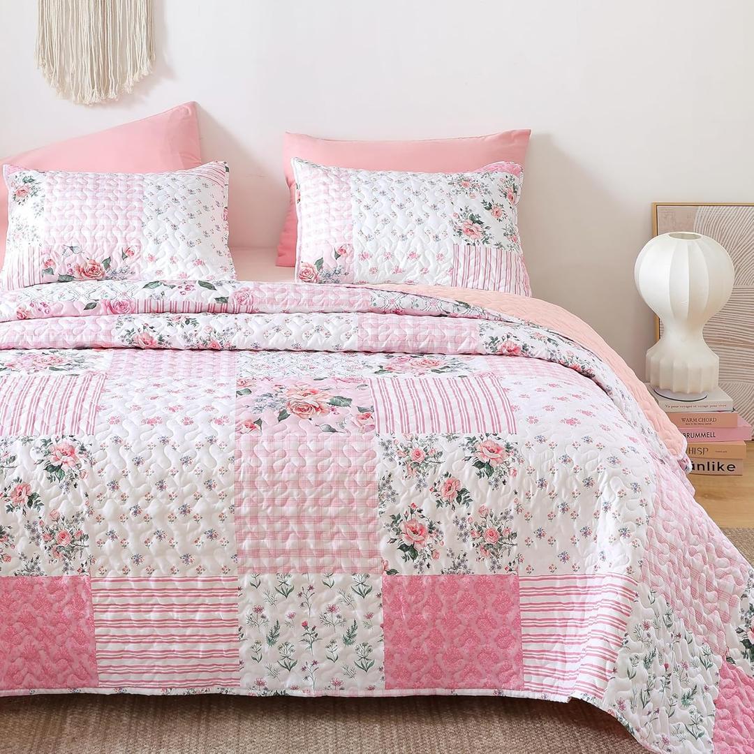 Quilt Sets Queen Size Floral Quilt Set 3 Pieces Bedding Set Bedspreads Pink Comforter Blanket with 2 Pillow Cases- Ultra Soft Floral Coverlet with Printed Pattern 90in.x 90in