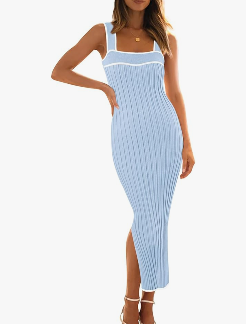 MEROKEETY Women's 2025 Summer Spring Bodycon Midi Dress Vacation Sleeveless Ribbed Knit Striped Party Sweater Dresses XS