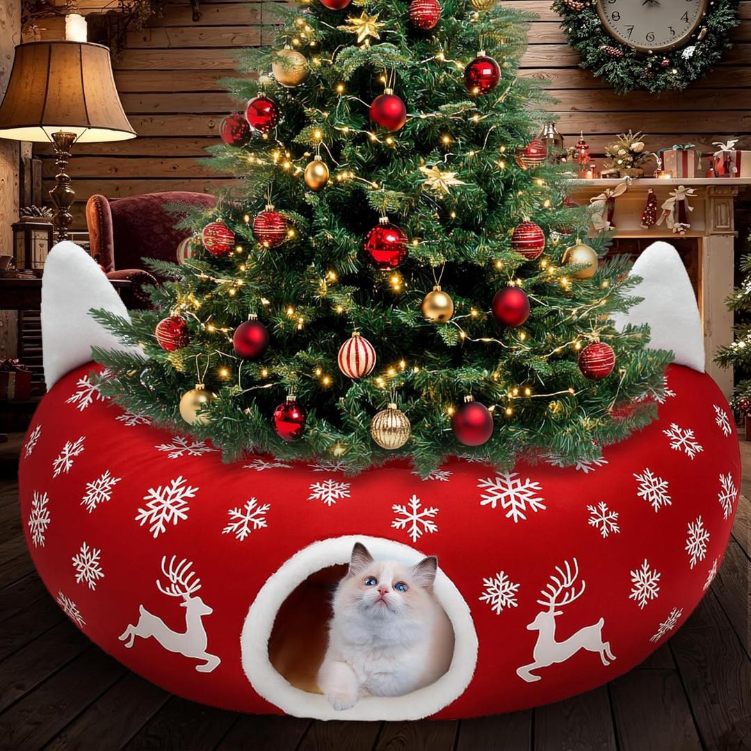 Cat Tunnel Christmas Tree Skirt, Cat Tunnel Bed with Hanging Toy Ball, Elk Snowflake Cats Cave Donut Tunnel Christmas Decorations, Foldable Kitty Tunnel for Indoor Kittens Small Animal