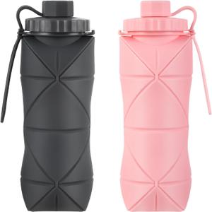 Silicone Collapsible Water Bottles,Lightweight Reusable Leakproof For Traveling Camping Hiking Cycling Sports Outdoor,Foldable Portable Travel Water Bottle 600ML Dark Grey And Pink 2Pack.