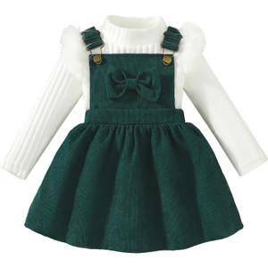 Toddler Baby Girl Outfits Long Sleeve Ribbed T-Shirt Bow Overall Dresses Suspender Skirt Set Fall Winter Clothes (12-18 Months, Green)