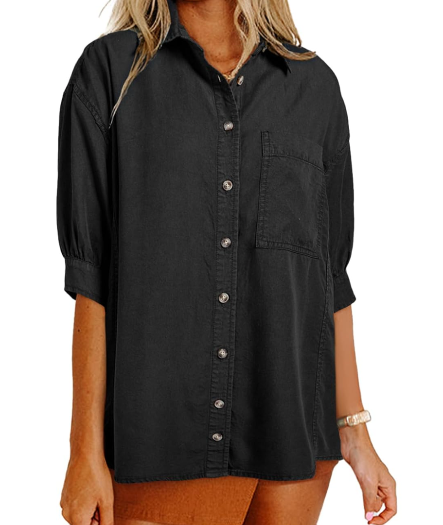 Astylish Women 2025 Denim Shirt Summer Oversized Short Sleeve V Neck Button Down Chambray Blouse Top with Pocket. Size Large