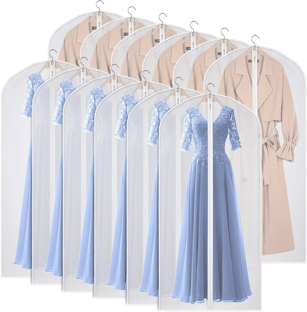60'' Garment Bags Dress Bag for Storage (Set of 12) Dust-Proof Suit Protector Cover Bag with Zipper for Long Dresses, Suit, Coat Closet Clothes Storage
