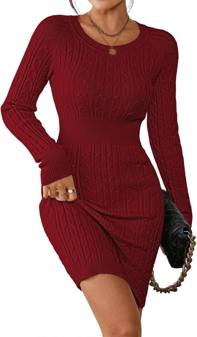 Pink Queen Women's Cable Knit Sweater Dress Long Sleeve Crewneck Mini Pencil Bodycon Dresses Fall Winter Outfits 2025 (Red Dahlia) Small