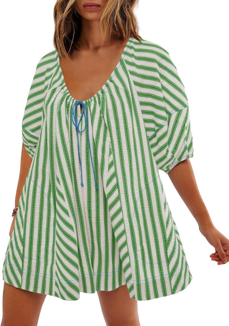 SENSERISE Womens Oversized Striped Romper Dress Shorts Jumpsuit Travel Outfit Beach Vacation Clothes with Pockets M