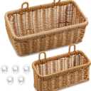 Set of 2 Wall Hanging Baskets, Boho Style Hand-Woven Hanging Storage Basket, Plastic Woven Baskets with Hangers for Kitchen Home Decor Bathroom Living Room (Light Brown, Imitation Rattan Plastic)