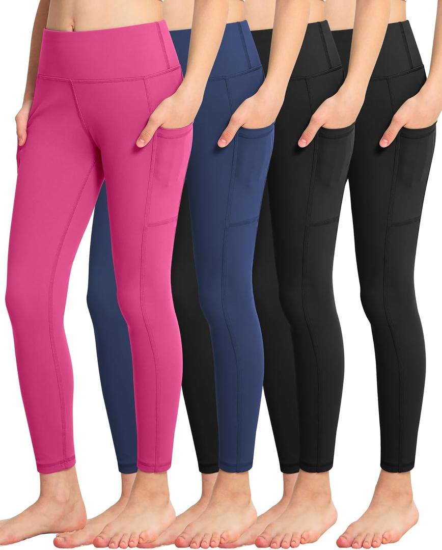 ATHVOTAR Girls Leggings with Pockets: High Waisted Yoga Workout Athletic Dance Running Pants 4 Packs (14-15 Years, 4 Pack - Black/Black/Navy/Rose)