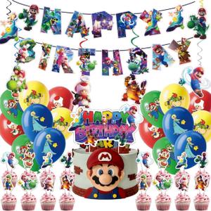Mario Birthday Party Supplies, Super Bros Party Decorations Set Include Banner, Hanging Swirls, Cake Topper, Balloons, Cake Cupcake Toppers for Boys and Girls Theme Party