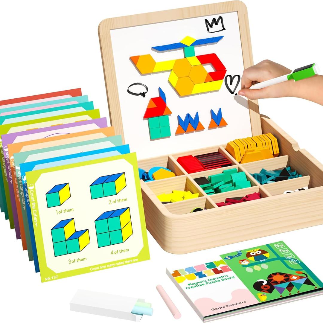Wooden Magnetic Pattern Block Set with Cards & Pen, 248 Pcs Montessori Creative Magnetic Puzzle Toys for Toddlers 4-8, Learning Educational STEM Tangrams for Kids Boys Girls 4 5 6 7 8