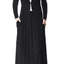 GRECERELLE Women Long Sleeve Casual Round Neck Loose Maxi Long Dress with Pockets, Black, XXL
