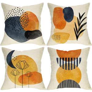 Boho Abstract Modern Art Decorative 18 x 18 Throw Pillow Cover Set of 4, Minimalist Geometric Bohemian Sun Moon Decoration, Botanical Plant Square Pillowcase Cushion Case Sofa Couch Home Decor