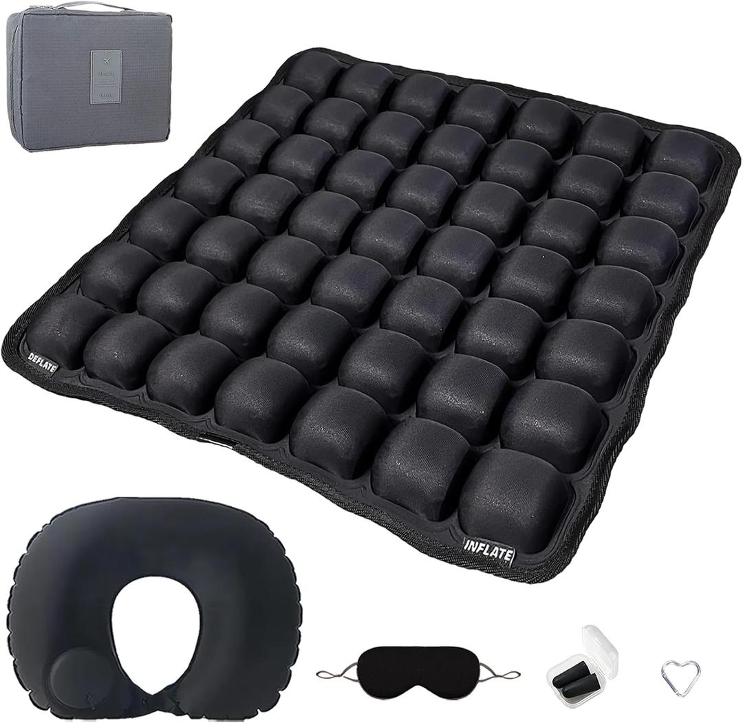 Inflatable Travel Airplane Seat Cushion, 49 3D Air Cells Soduuer Travel Cushion Set with Self-Inflating Press Button for Long Flights, Portable Seat Cushions for Car Office Kitchen Chairs Wheelchair