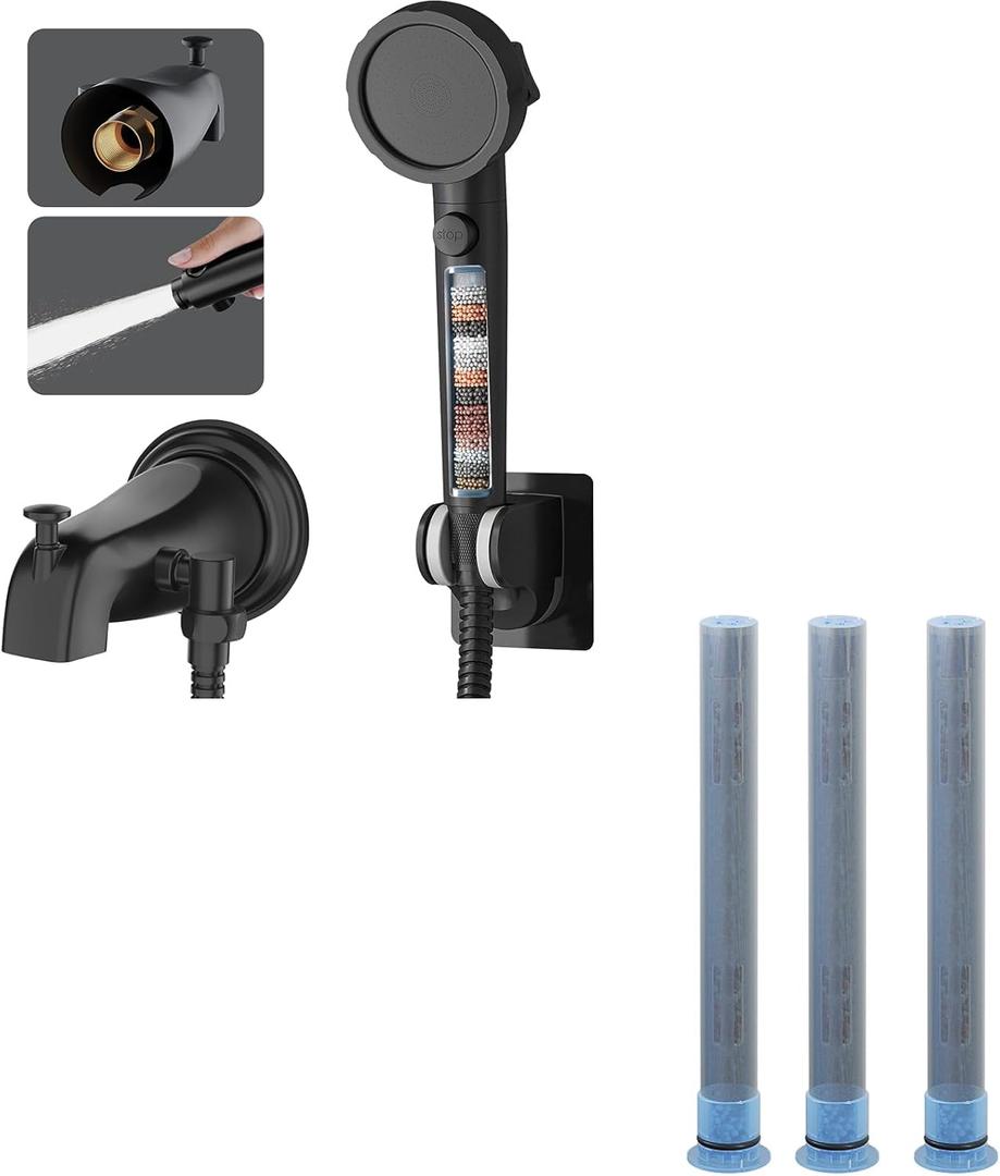 All Metal Bathtub Faucet Sprayer Attachment (Black) & HEROBAI 3 Pack Handheld Shower Filter Replacement