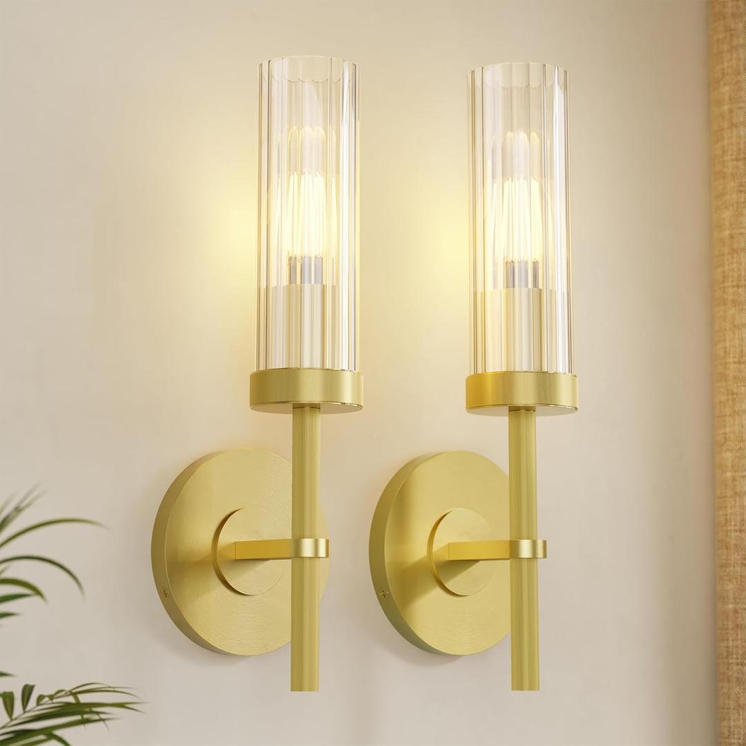 Wall Sconces Set of 2 (with 2 Bulbs), Modern Bathroom Wall Sconces Lighting with Thickened Glass, Hardwired Wall Mount Light Fixtures for Bathroom, Bedroom, Hallway, Living Room(Gold)