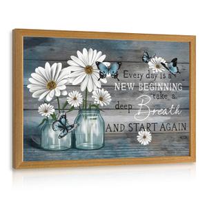 LLEEMPI White Daisy Vase Wall Art, Blue Butterfly Wall Decor, Inspirational Quote Canvas Painting, Rustic Farmhouse Poster Print for Bathroom Bedroom Hallway Dining Room Wood Framed 16x24 Inch