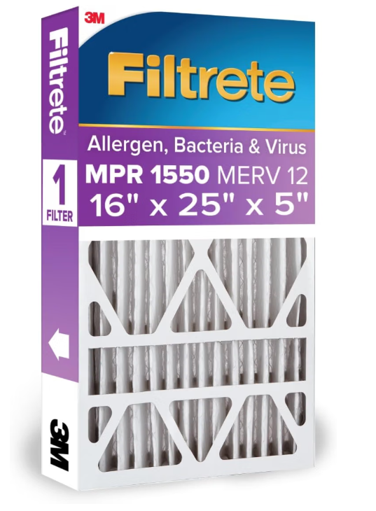 Filtrete 16x25x5 AC Furnace Air Filter, MPR 1550, MERV 12, Fits Honeywell & Trion AirBear, CERTIFIED Asthma & Allergy Friendly, Electrostatic Air Filter, 2-Pack
