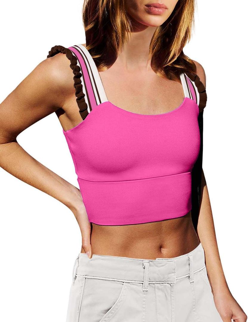 Wenlia Women's Cropped Tank Tops Sleeveless Stretchy Camisole Ruffle Wide Strap Cut Out Workout Gym Athletic Camis Shirt (X-Large)