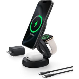 Belkin MagSafe Charger Compatible, 3-in-1 Qi2 15W Wireless Charging Station, Convertible Wireless Charger for iPhone 17, Apple Watch, AirPods, Pixel 10, Phone Stand for Travel w/ 36W Adapter - Black