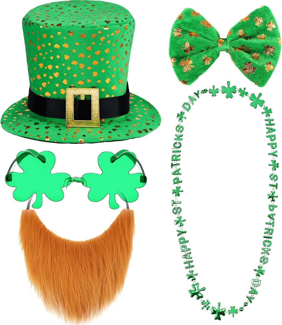 Haysandy 5 Pcs St. Patrick's Day Leprechaun Costume Suit Set Hat Fake Beard Bow Tie Clover Glasses Shamrock Necklace