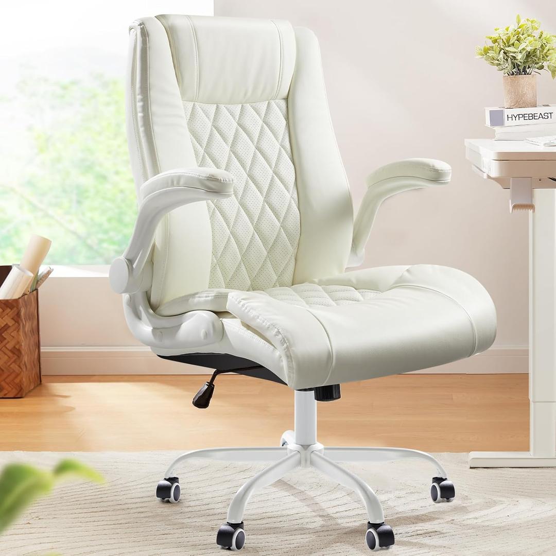 Marsail Executive Office Chair with Flip-up Armrests,PU Leather Ergonomic Desk Chair Height-Adjustable Swivel Rolling Desk Chair (White)