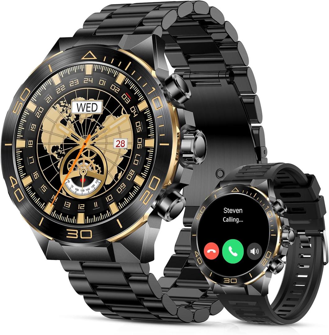 Smart Watch for Men Answer/Make Call for Android iPhone, 1.43" AMOLED HD Screen Mens Luxury Watch, 400mAh Heavy Duty Smartwatch Heart Rate Blood Oxygen Blood Pressure Sleep Monitor Pedometer, 2 Straps (Black)