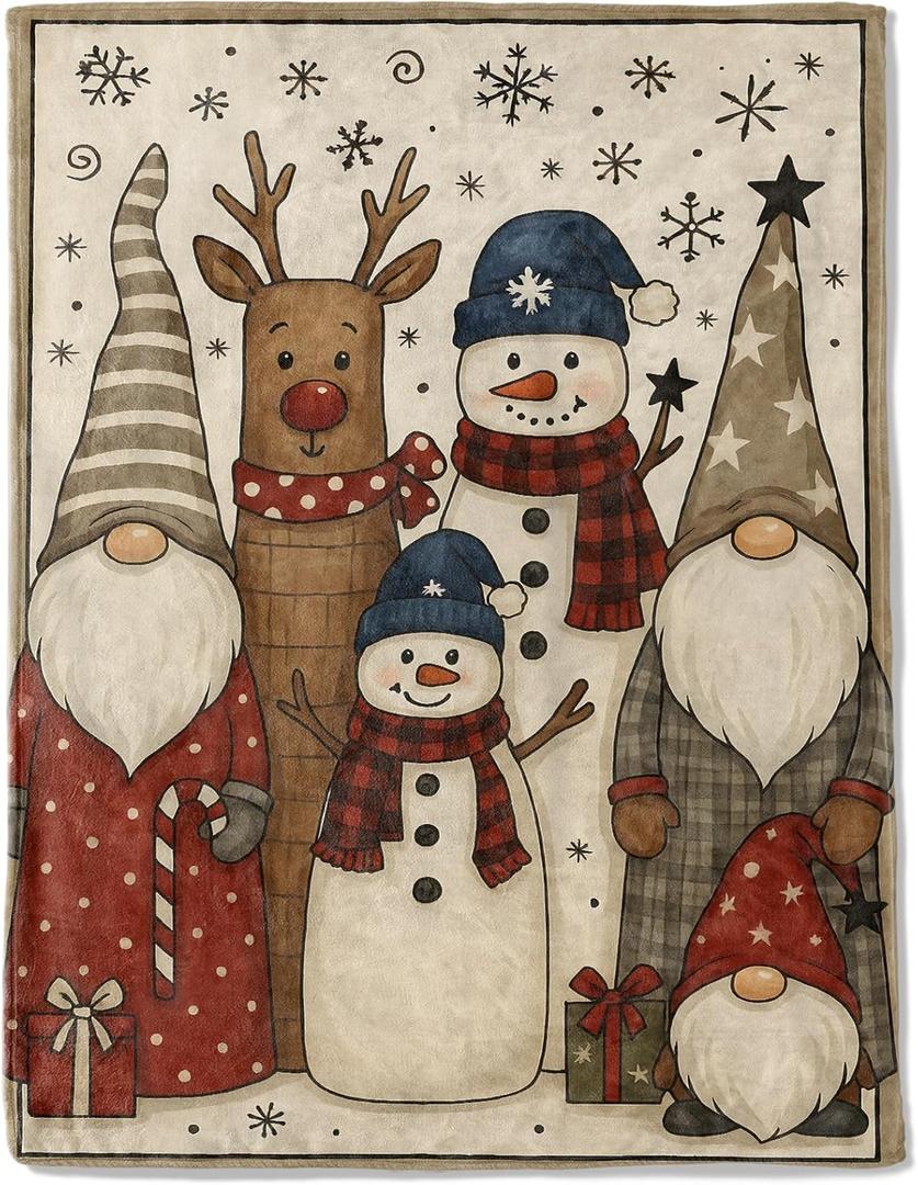 Christmas Decorative Blanket, Gnome Reindeer Snowman Snowflake Print Throw Decoration, Soft Flannel Winter Blankets for Couch Bed Sofa, Holiday Home Decor, Xmas Festival Gifts 50x60 Inch