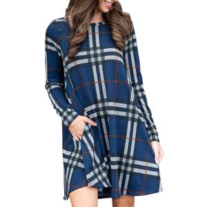 MIROL Women's Long Sleeve Plaid Color Block Casual Swing Loose Fit Tunic Dress (Blue, XL)