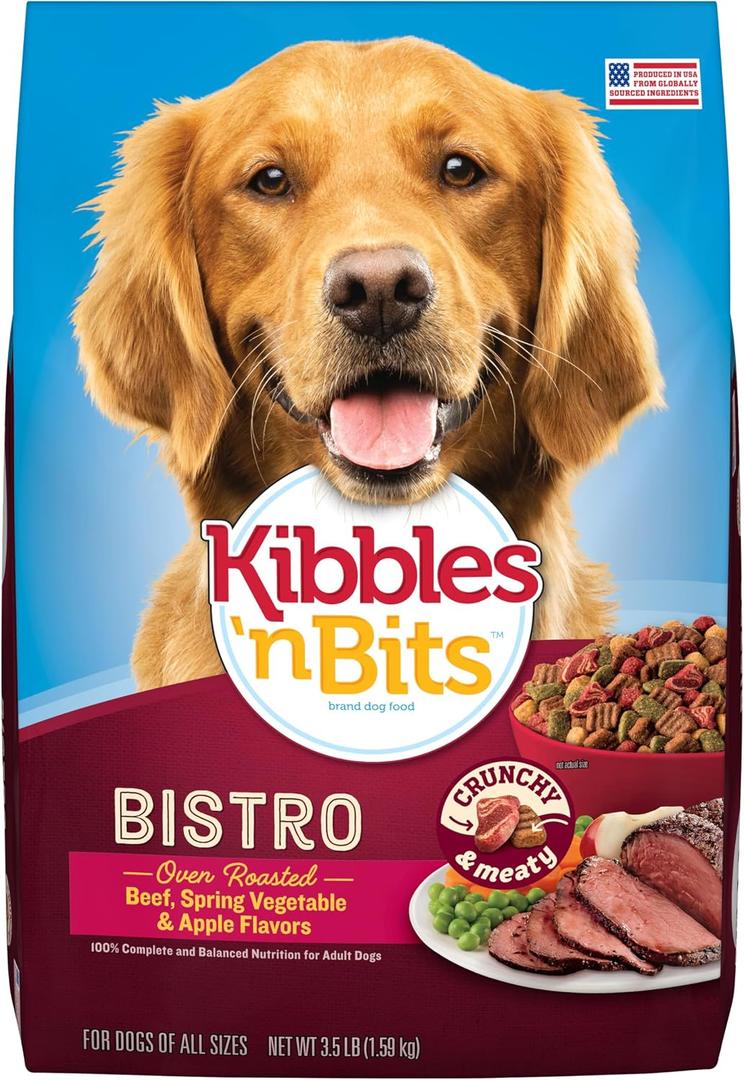 Kibbles 'n Bits Bistro Dry Dog Food, Oven Roasted Beef, Spring Vegetable & Apple Flavors for Adult Dogs, 3.5 lb. Bag, 4 Count (EXP 10/01/26)
