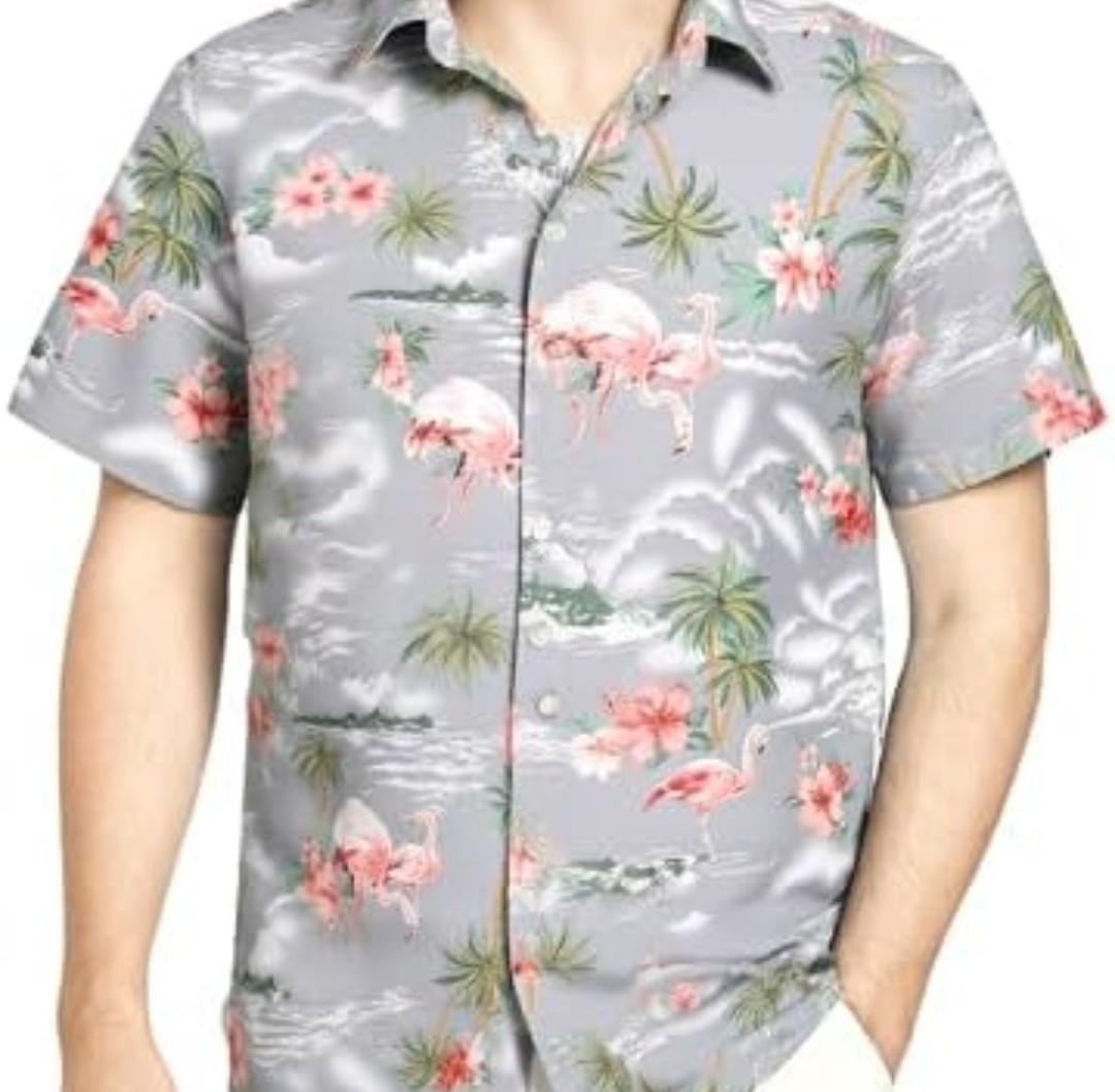 SSLR Pack Hawaiian Shirt for Men Flamingo Short Sleeve Casual Button Down Shirts Summer Beach Shirt Size L