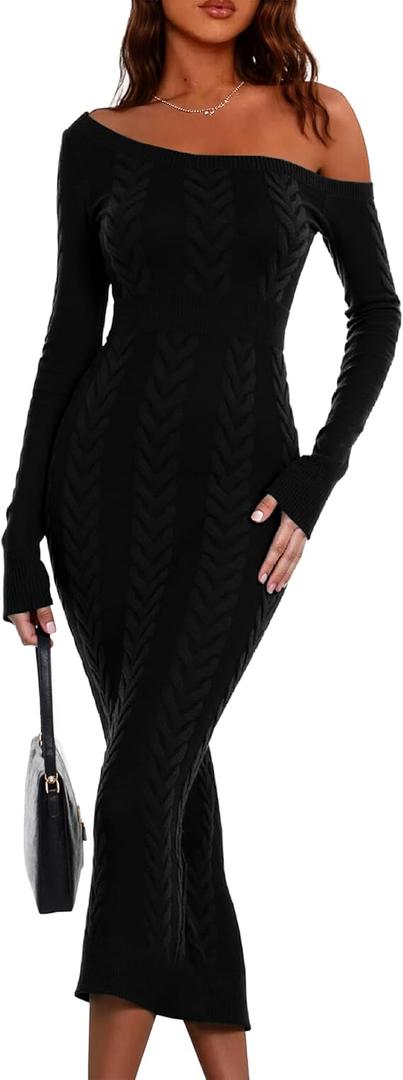 Simplee Women's Fall Long Sleeve Bodycon Sweater Dress 2025 Cable Knit One Off Shoulder Slit Ribbed Club Party Midi Dresses (Small, Black)