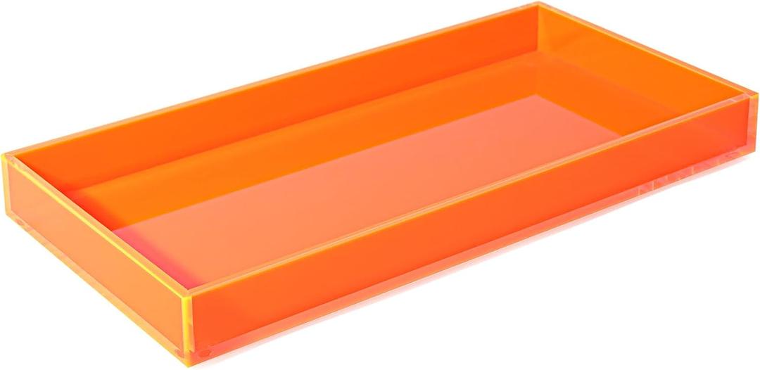 Acrylic Tray for Vanity Makeup Perfume Jewelry 12x6'' Small Decorative Tray for Bathroom Dresser Tops Candle Sink Counter, Neon Orange
