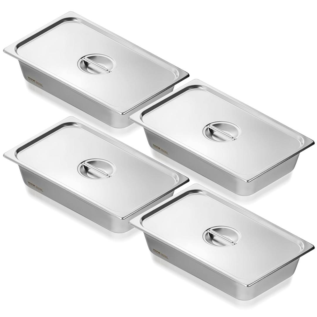 VEVOR 4 Pack Hotel Pans, Full Size Anti-Jam Steam Pan with Lid, 0.8mm Thick Stainless Steel Steam Table Pan, 4-Inch Deep Commercial Table Pan, Catering Storage Food Pan, for Industrial & Scientific