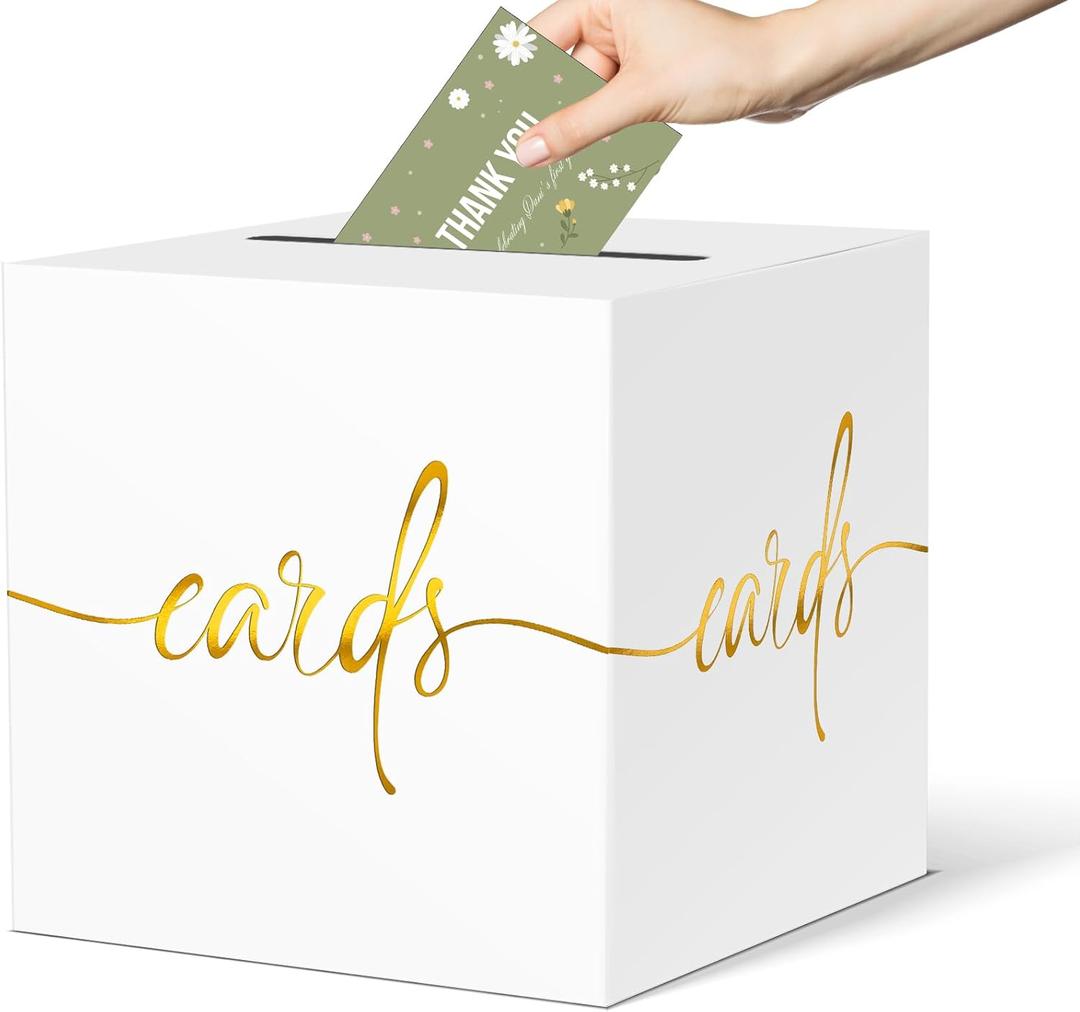 White Card Box with Gold Foil Design, Paperboard 8.7" Card Box for Birthday Wedding Party Graduation Retirement Anniversary Valentine's Day & Baby Showers, Raffle or Money Box