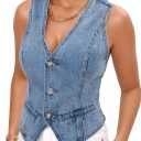 MakeMeChic Women's V Neck Sleeveless Denim Jacket Single Breasted Crop Top Y2k Jean Vest (Large)