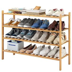 Furshus Long Shoe Rack, 4-Tier Bamboo Stackable Shoe Shelf Storage Organizer, Shoe Stand for Closet, Entryway and Hallway