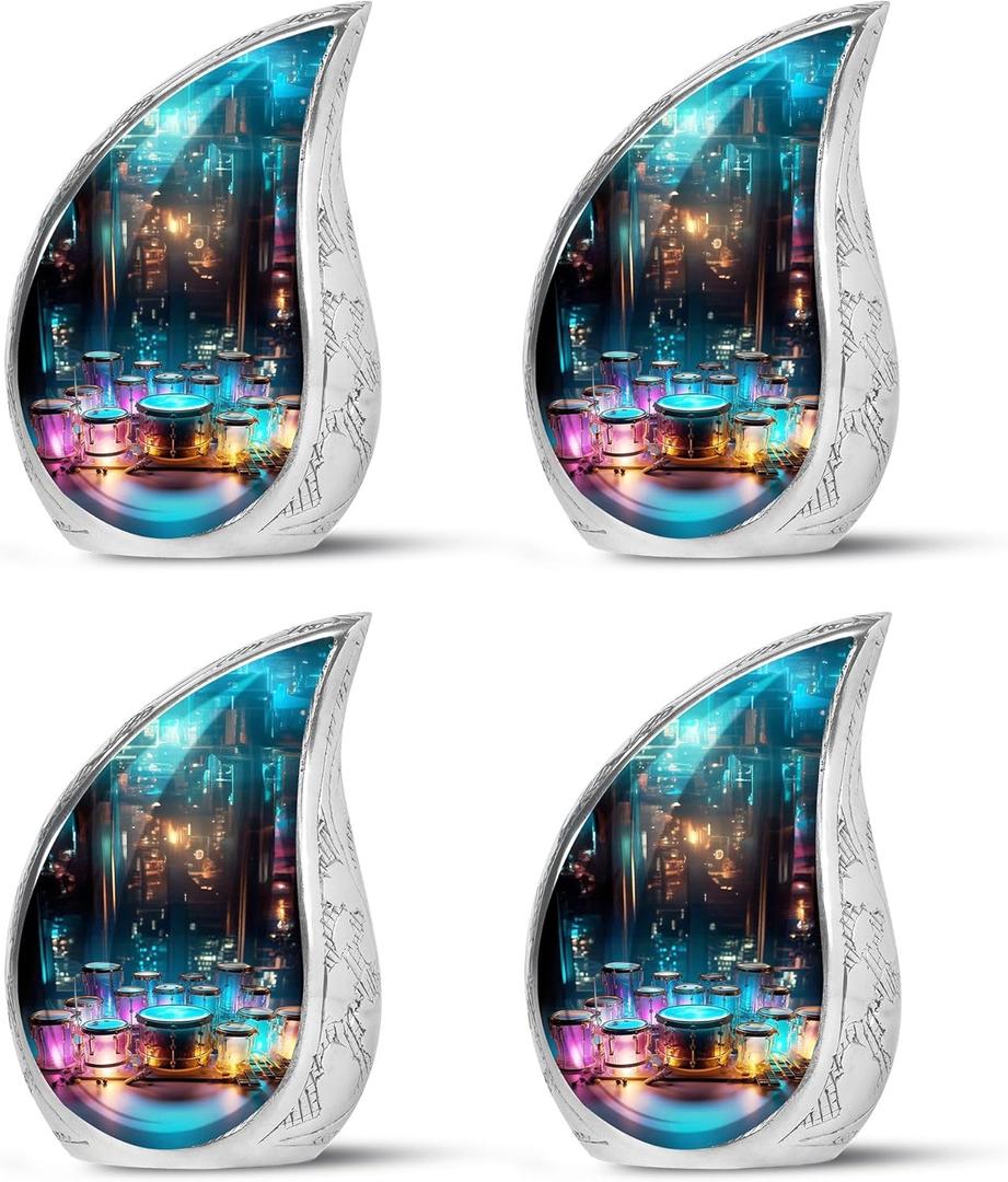 Neon Drum Set Urns for Human Ashes, Adult Male & Female, Small Keepsake Urn, Funeral Gift, 3Inch, Multicolor, Aluminum with Tiger Print, 29.6ml, Polished, 3 inches, Threaded Screw Lid (Pack of 4, Neaon)