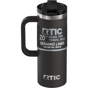 RTIC 20oz Road Trip Travel Mug with Lid and Handle, Ceramic Lined, Insulated, Stainless Steel, Metal, Double Wall Vacuum-Insulation, Portable Coffee, Tea Cup for Hot and Cold Drink, Black