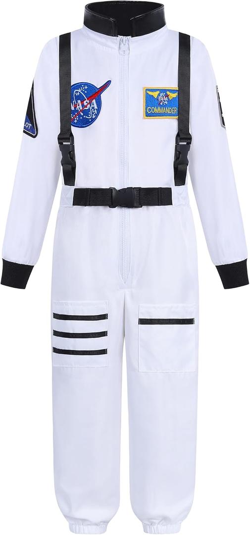 Astronaut Costume for Kids, Space Costume Space Suit for Boys Girls NASA Astronaut Cosplay Role Play Dress Up (9-10/150, White)