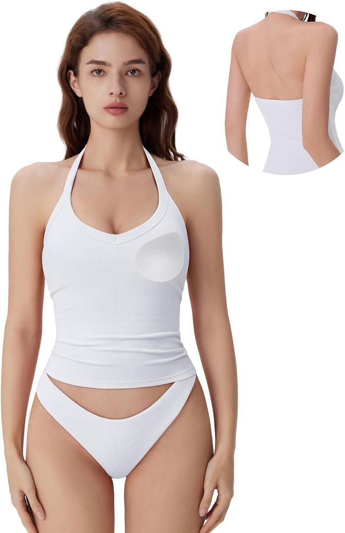 SUUKSESS Halter Tank Top for Women with Built in Bra Cotton Ribbed V Neck Cami (White, S)